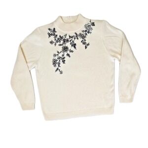 Vintage 1990s Draper's & Damon's Embroidered‎ Beaded Sweater Ivory Black Mock PL